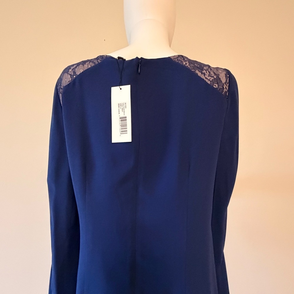 NWT Halston Heritage Lace Insert Dress Navy Blue Ruffle Sleeve Mini Dress Size 8 - Picture 8 of 15